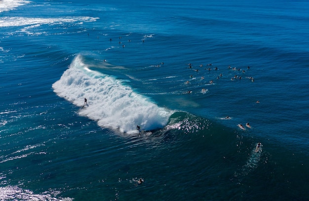 Серферы ждут большой волны в море на трубопроводе Банзай на северном побережье Оаху, Гавайи.