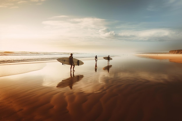 surfers walking on the beach at sunset with their boards generative ai