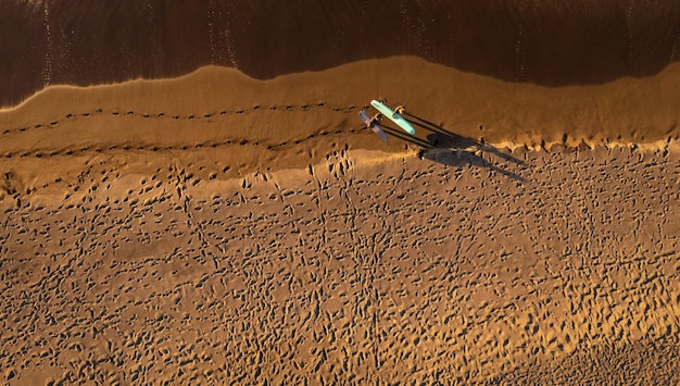 Surfers walking on sandy beach near sea