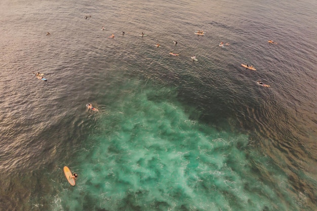 Surfers on the waves in the ocean, top view.