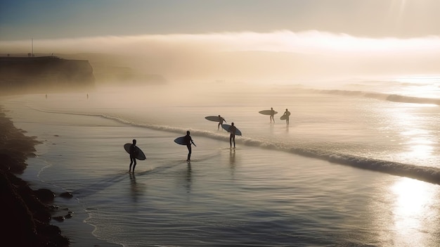 Surfers in wetsuits as they ride the waves at a popular surf spot With their boards carving through the water and their movements synchronized with the rhythm of the ocean Generated by AI