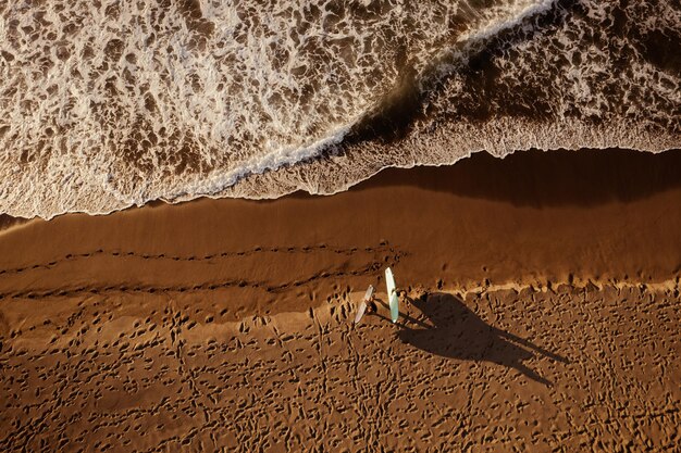 Surfers with surfboards on sandy seashore