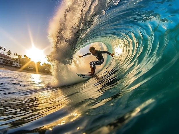 Foto surfing adventure cavalcando l'onda perfetta da vicino ai generative