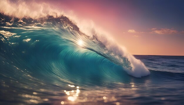 Surfing ocean wave Blue ocean wave at sunset or sunrise