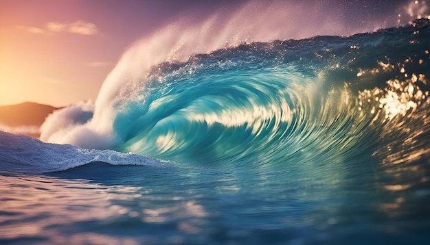 Surfing ocean wave at sunset 3D Rendering Copy space