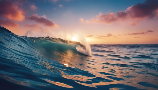 Photo surfing ocean wave at sunset 3d rendering and illustration
