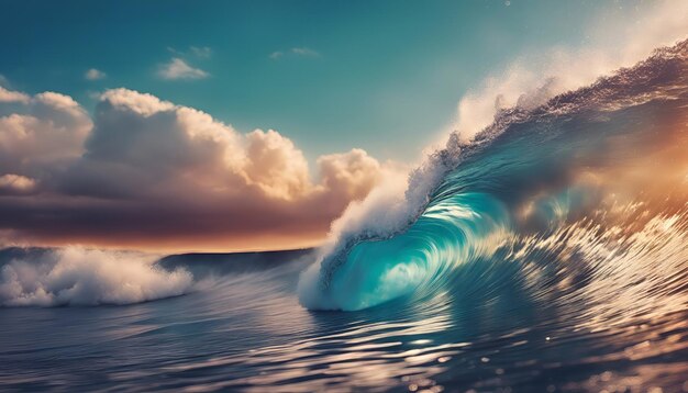 夕暮れの海の波をサーフィンする 3D レンダリングとイラスト