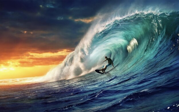 Photo surfing ocean wave on sunset background 3d rendering