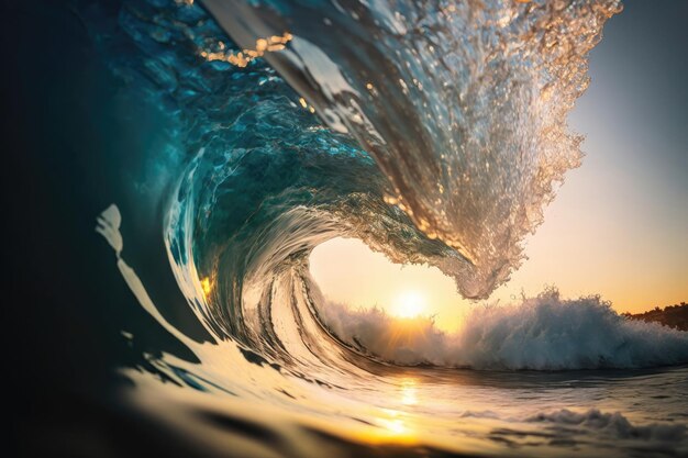 Surfing ocean wave at sunset Ocean wave with splashes of water