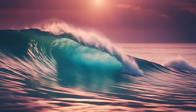 Surfing ocean wave at sunset time 3d render illustration