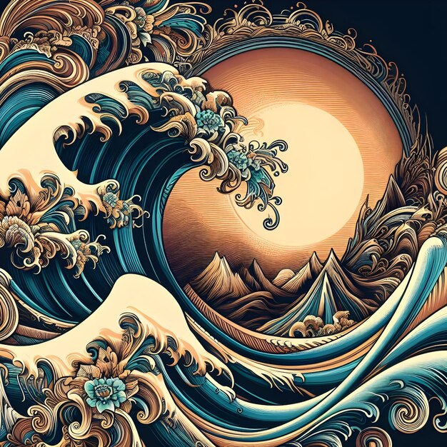 Surfing wave Handdrawn illustration on black background 3D rendering