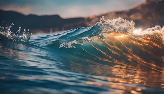 Surfing wave with splashes of water on the background of the sea
