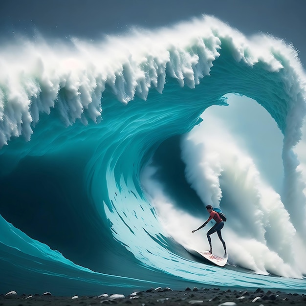 Photo surfing with huge ocean waves