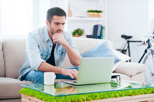 Surfnet thuis. Knappe jonge man die op laptop werkt terwijl hij thuis op de bank zit