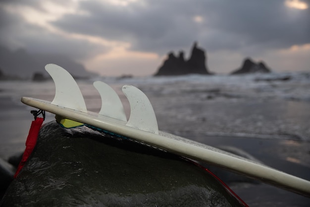 Foto surfplank rustend op rotsen op de strandfoto met kopieerruimte extreme sporten