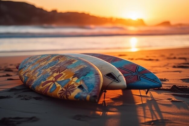 Surfplanken aan de zandige kust waar de gouden zonsondergang wordt omhuld door zijn lichte generatieve AI