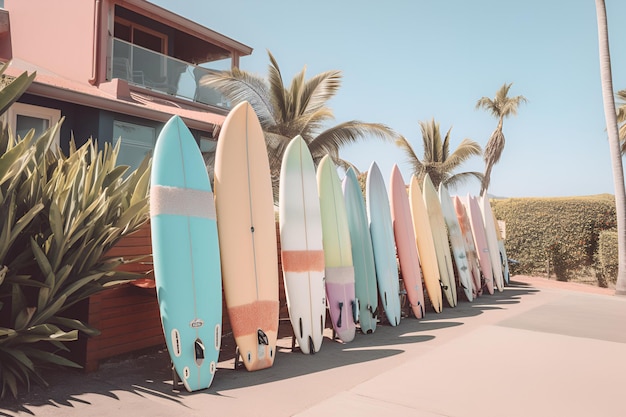 Surfplanken in stapel op tropisch zandstrand Buitenshuis Zonnige dagen Generatieve AI