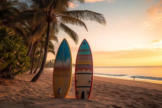 Surfplanken op het strand met palmbomen op de achtergrond