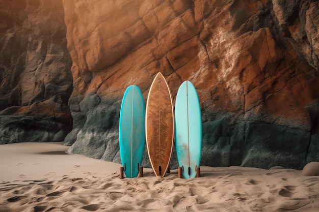 Surfplanken op het strand voor een klif