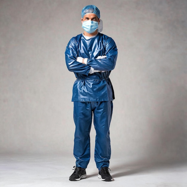 a surgeon in a blue uniform and mask