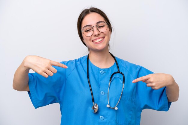 Surgeon doctor woman holding tools isolated on white background proud and selfsatisfied