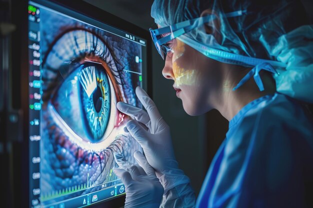 Surgeon examining a detailed image of an eye on a medical screen during surgery