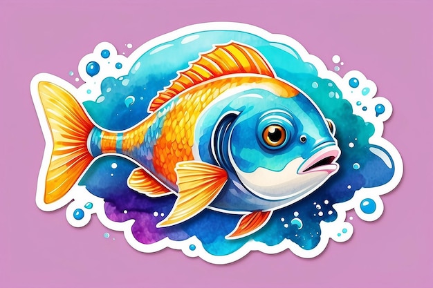 Foto pesce chirurgo carino divertente cartone animato kawaii clipart acquerello colorato illustrazione adesivo di animali marini