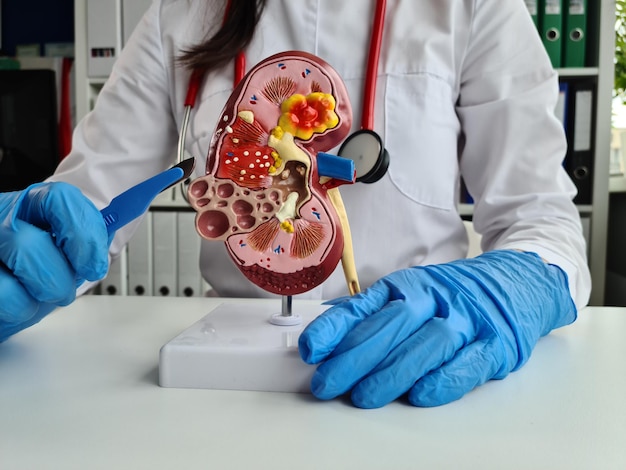 Surgeon in glove holds scalpel and anatomy of kidney