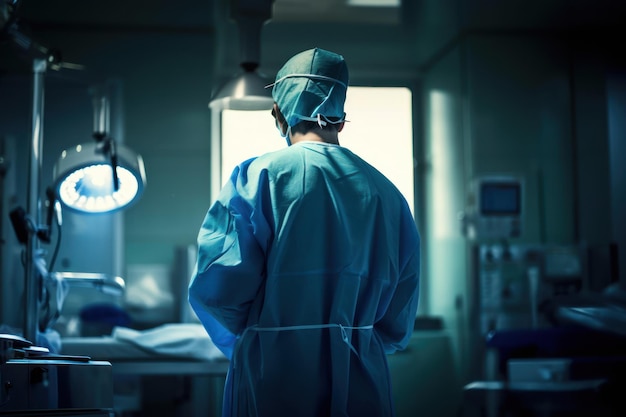 A surgeon in a hospital room looks out of a window.