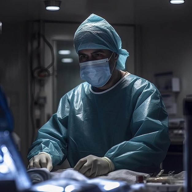 A surgeon in a hospital room wearing a mask and a mask.