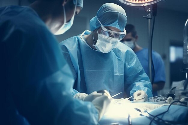 a surgeon is operating in an operating room with a light on