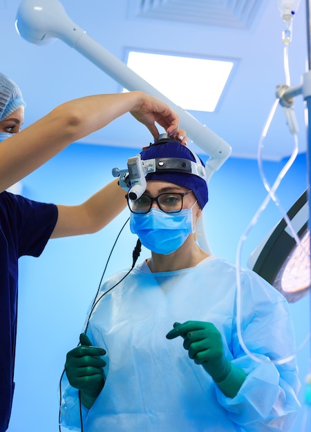 Photo surgeon in mask wearing loupes