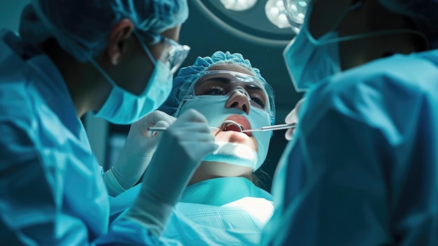 Хирург и медсестра во время стоматологической операции. Пациент под наркозом в операционной. Установка зубных имплантатов или удаление зубов в клинике. Общая анестезия во время