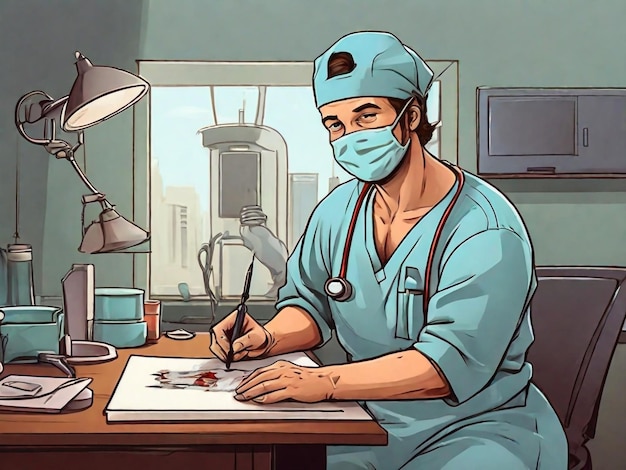 Photo surgeon in operating room flat vector illustration medical staff in hospital doctor with stethoscope wearing professional uniform cartoon character clinic equipment surgery preparation