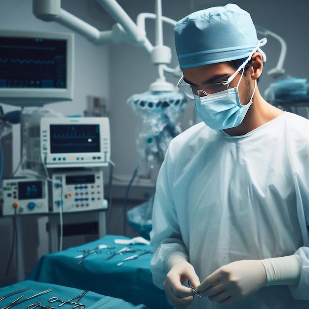 Surgeon in operating room wearing surgical mask and cap holding a surgical instrument