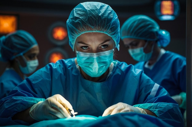 Surgeon performing cosmetic surgery in hospital operating room Surgeon in mask wearing loupes