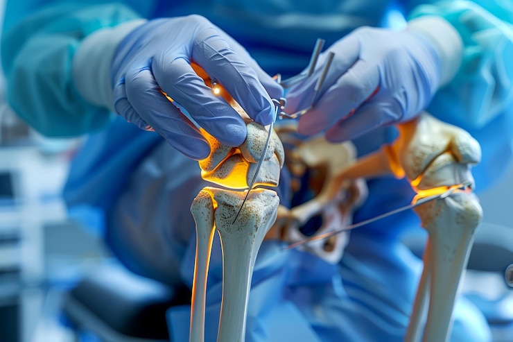 Photo surgeon performing intricate knee ligament surgery in operating room with advanced medical equipment