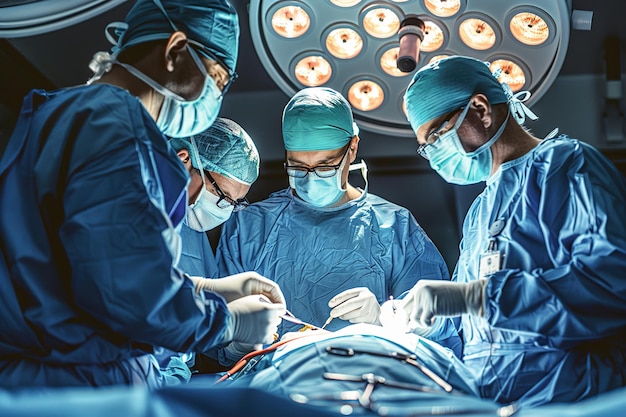 Хирург, выполняющий лапароскопическую операцию с медицинской командой, помогающей в стерильной операционной