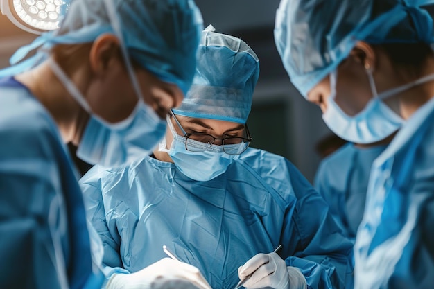 Surgeon performing laparoscopic surgery with medical team assisting in sterile operating room