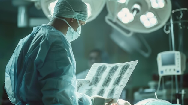 A surgeon reviewing medical charts and Xrays before surgery