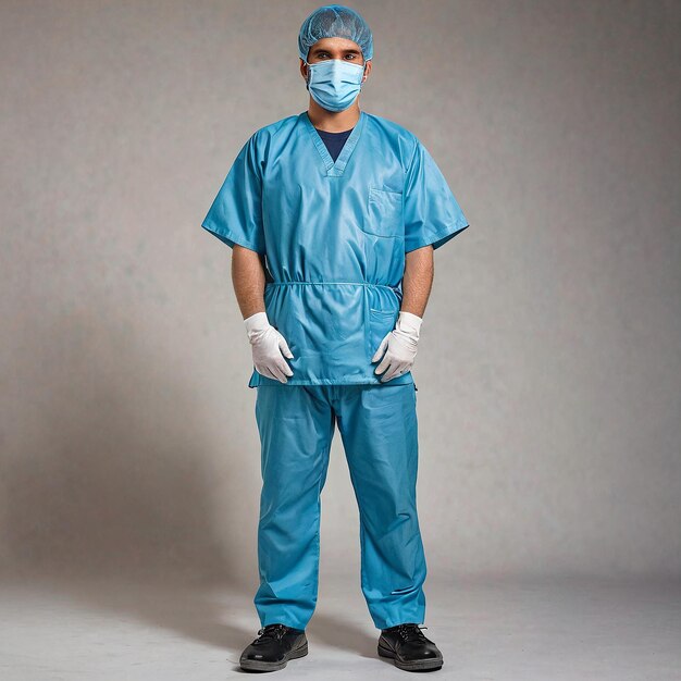 a surgeon in scrubs and gloves