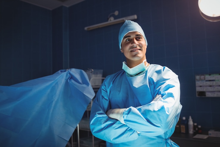 Photo surgeon standing with arms crossed in operation room