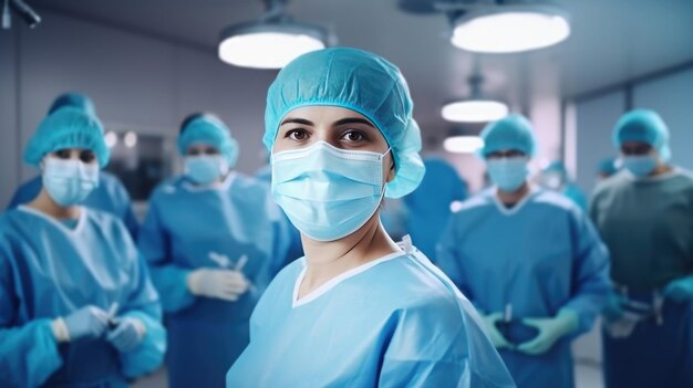 Surgeon team in surgical operating room talented surgeons wearing medical masks successfully performed complex surgery on patient group portrait of physicians in medical coat and cap generative AI