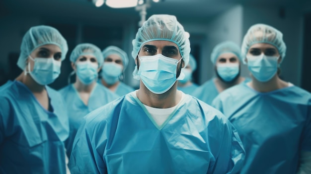 Surgeon team in surgical operating room talented surgeons wearing medical masks successfully performed complex surgery on patient group portrait of physicians in medical coat and cap generative AI