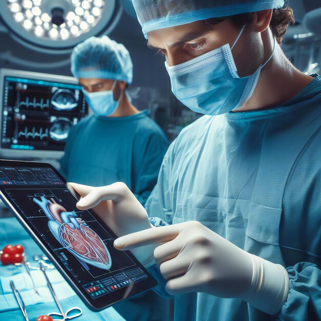 Surgeon using digital tablet in operation theater Realstic photo Generative Ai