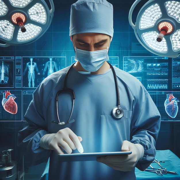 Surgeon using digital tablet in operation theater Realstic photo Generative Ai