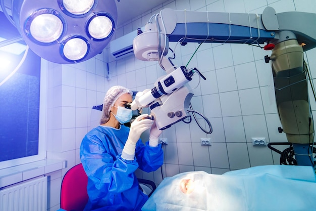 Surgeon with operating system of laser vision correction in the operating room Ophthalmology Medicine