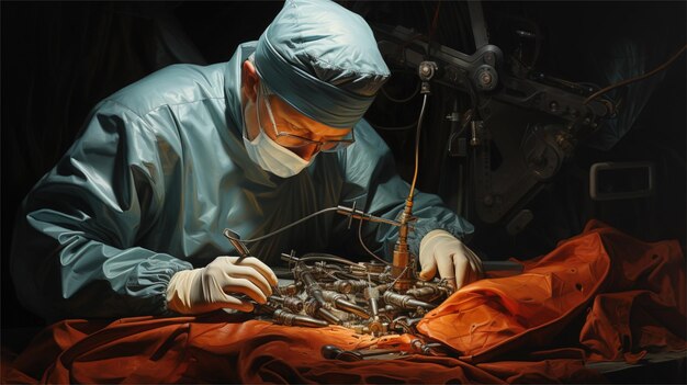 a surgeon working on a machine in a dark room