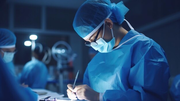 A surgeon writes on a piece of paper in a dark room.