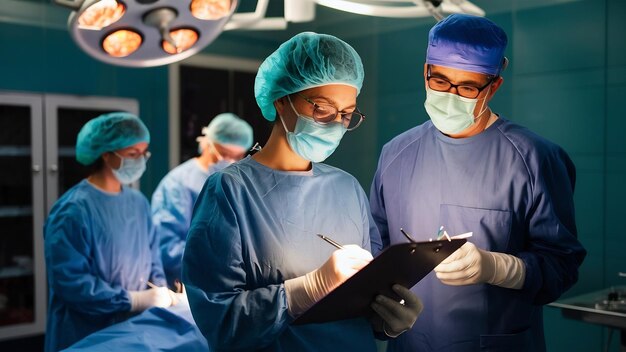 Photo surgeon writing on clipboard in operation room anaesthesiologist writing the updates